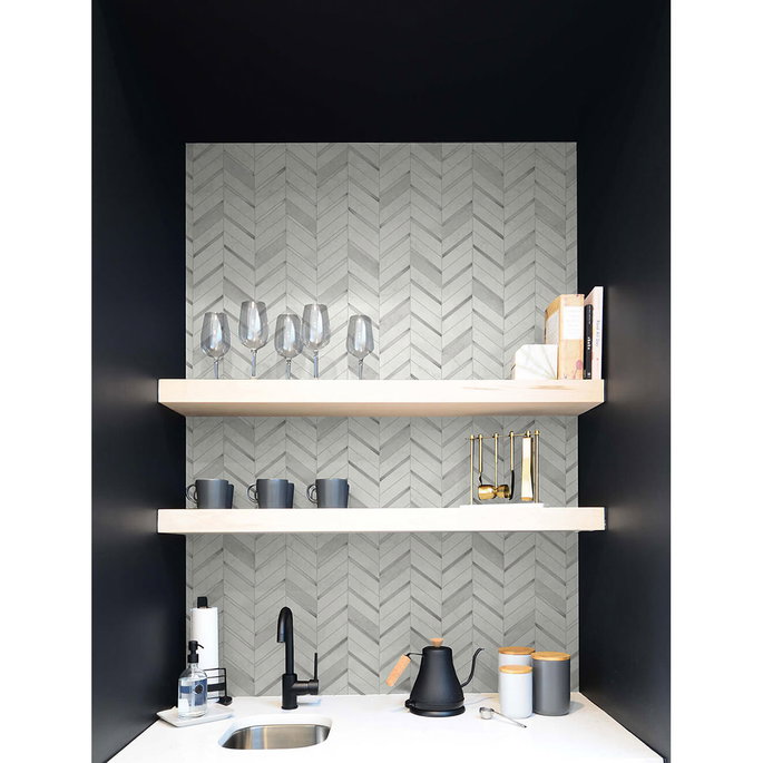 NextWall Peel &amp; Stick Chevron Marble Tile Metallic Silver &amp; Pearl Gray Wallpaper image 4 of 5