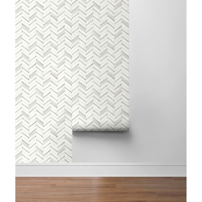 NextWall Peel &amp; Stick Chevron Marble Tile Metallic Silver &amp; Pearl Gray Wallpaper image 5 of 5