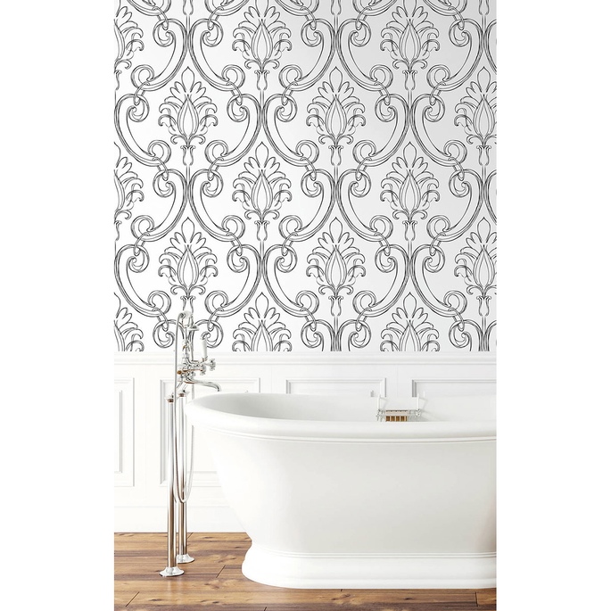 NextWall Peel &amp; Stick Sketched Damask Ebony Wallpaper image 3 of 5