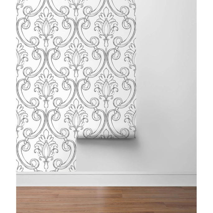NextWall Peel &amp; Stick Sketched Damask Ebony Wallpaper image 5 of 5