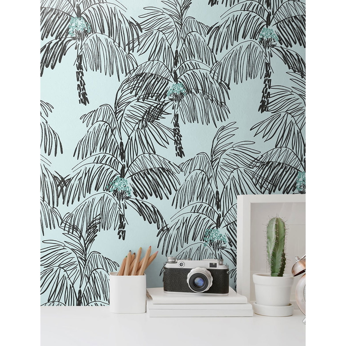 NextWall Peel &amp; Stick Palm Beach Sky Blue &amp; Black Wallpaper image 2 of 5