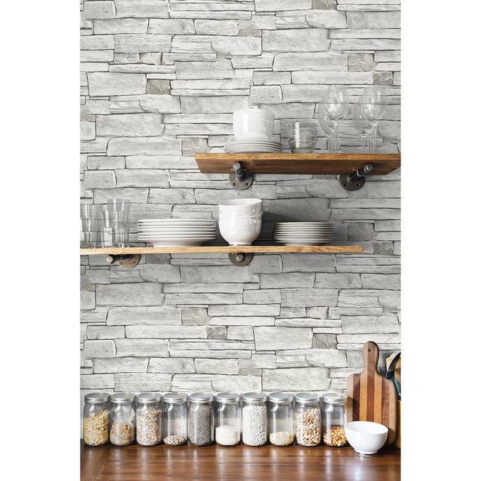 NextWall Peel &amp; Stick Stacked Stone Arctic Grey Wallpaper image 3 of 5