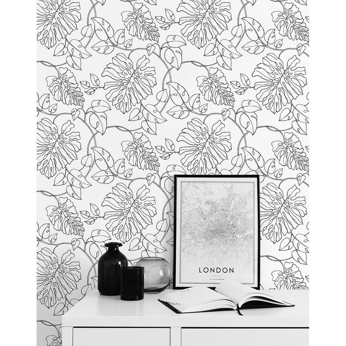 NextWall Peel &amp; Stick Tropical Linework Black &amp; White Wallpaper image 3 of 5