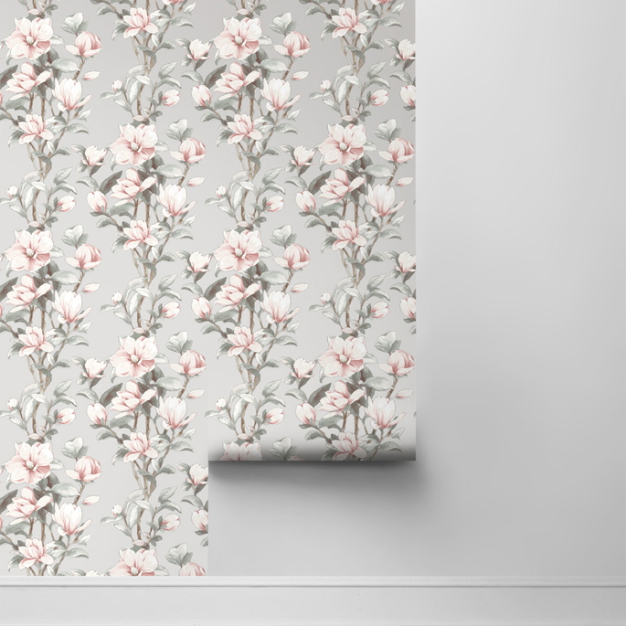 NextWall Peel &amp; Stick Magnolia Trail Metallic Silver &amp; Petal Pink Wallpaper image 2 of 4