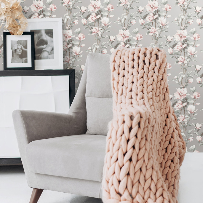 NextWall Peel &amp; Stick Magnolia Trail Metallic Silver &amp; Petal Pink Wallpaper image 3 of 4