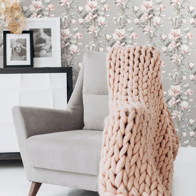 NextWall Peel &amp; Stick Magnolia Trail Metallic Silver &amp; Petal Pink Wallpaper image 3 of 4