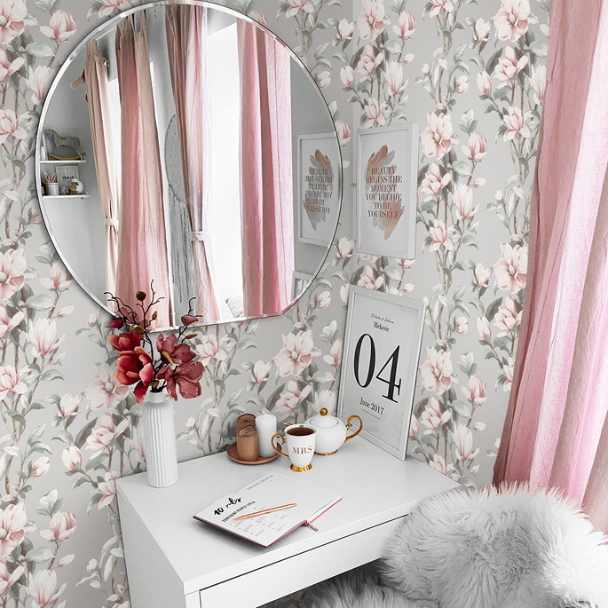 NextWall Peel &amp; Stick Magnolia Trail Metallic Silver &amp; Petal Pink Wallpaper image 4 of 4