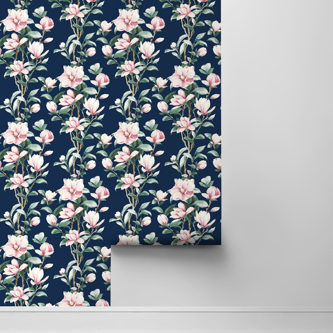 NextWall Peel &amp; Stick Magnolia Trail Navy &amp; Blush Wallpaper image 2 of 4