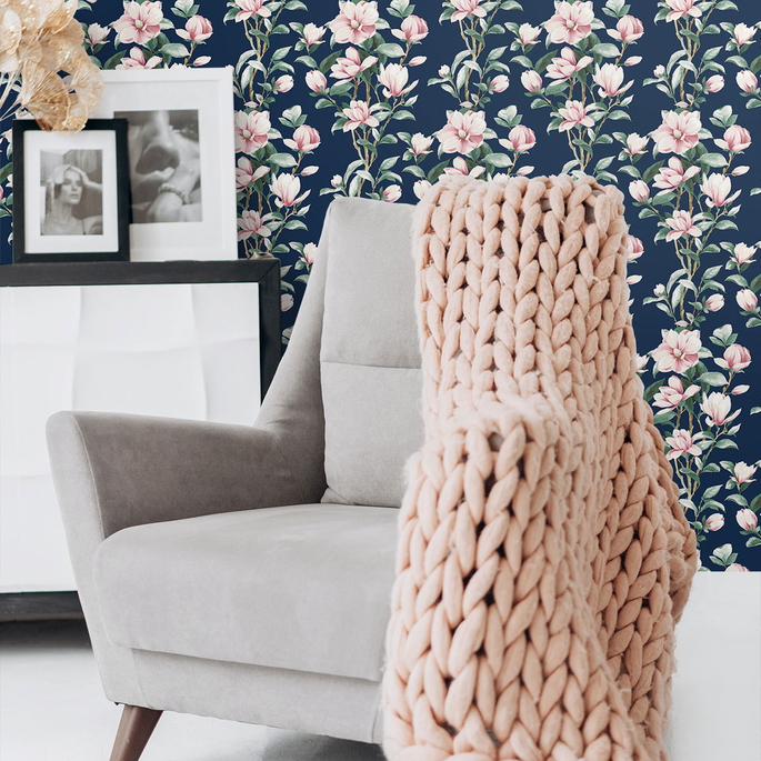 NextWall Peel &amp; Stick Magnolia Trail Navy &amp; Blush Wallpaper image 3 of 4