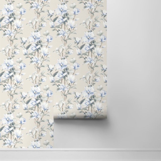 NextWall Peel &amp; Stick Magnolia Trail Linen &amp; French Blue Wallpaper image 2 of 4