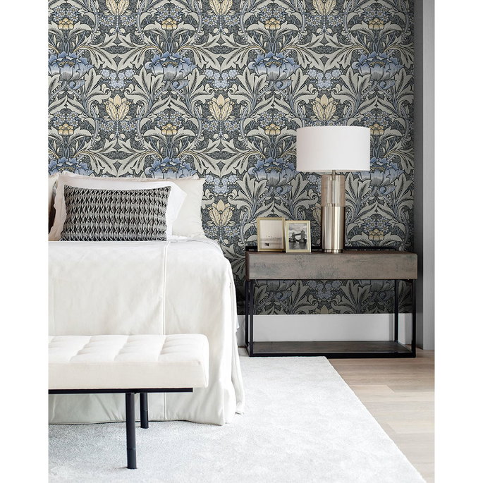 NextWall Peel &amp; Stick Morris Flower Charcoal &amp; Carolina Blue Wallpaper image 2 of 5
