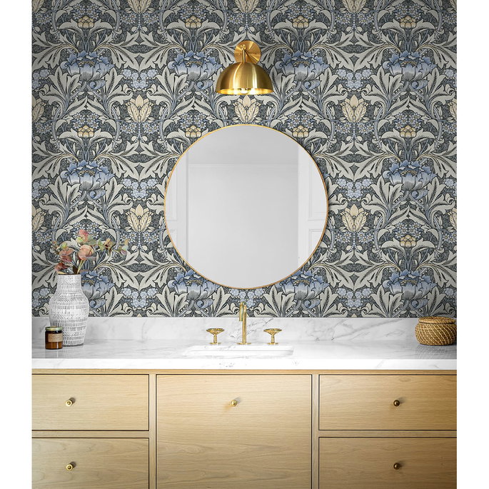 NextWall Peel &amp; Stick Morris Flower Charcoal &amp; Carolina Blue Wallpaper image 3 of 5