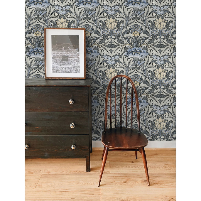 NextWall Peel &amp; Stick Morris Flower Charcoal &amp; Carolina Blue Wallpaper image 4 of 5