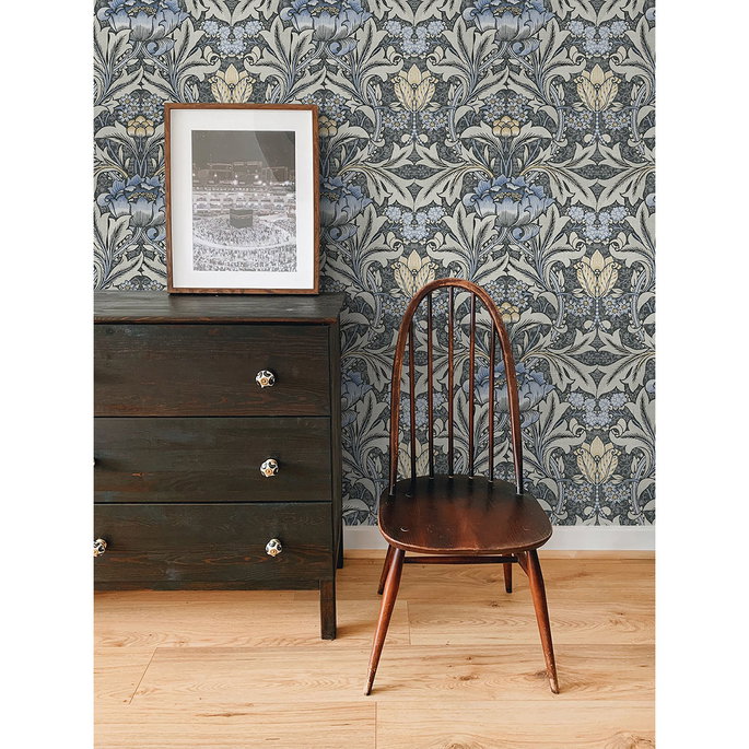 NextWall Peel &amp; Stick Morris Flower Charcoal &amp; Carolina Blue Wallpaper image 4 of 5