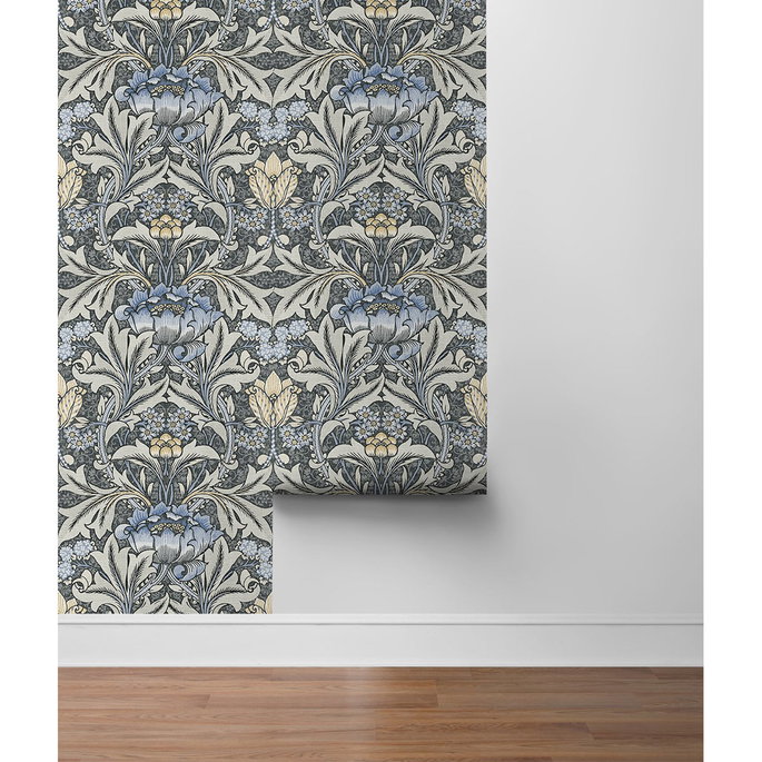 NextWall Peel &amp; Stick Morris Flower Charcoal &amp; Carolina Blue Wallpaper image 5 of 5