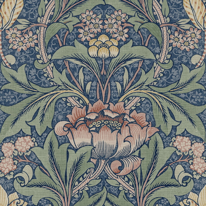 NextWall Peel &amp; Stick Morris Flower Denim Blue &amp; Salmon Wallpaper image 1 of 5