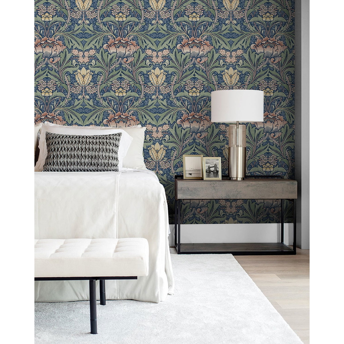 NextWall Peel &amp; Stick Morris Flower Denim Blue &amp; Salmon Wallpaper image 2 of 5