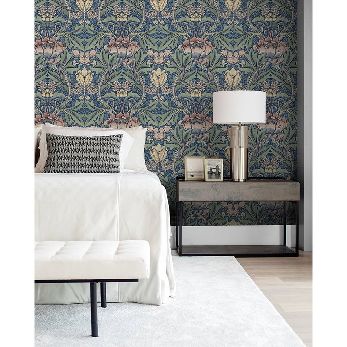 NextWall Peel &amp; Stick Morris Flower Denim Blue &amp; Salmon Wallpaper image 2 of 5