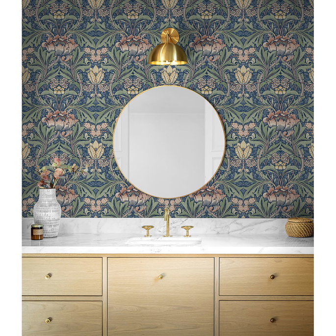 NextWall Peel &amp; Stick Morris Flower Denim Blue &amp; Salmon Wallpaper image 3 of 5