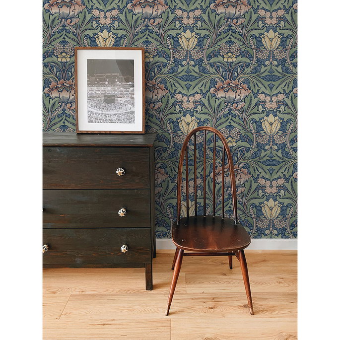 NextWall Peel &amp; Stick Morris Flower Denim Blue &amp; Salmon Wallpaper image 4 of 5