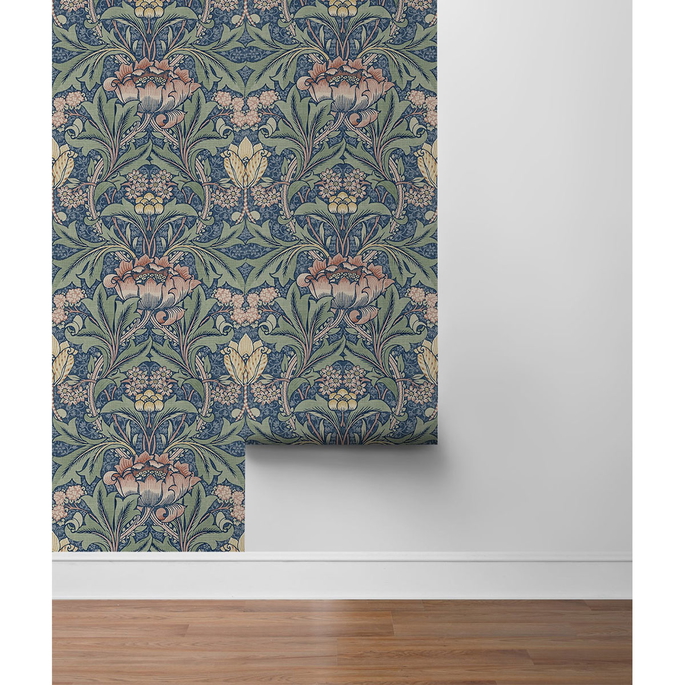 NextWall Peel &amp; Stick Morris Flower Denim Blue &amp; Salmon Wallpaper image 5 of 5