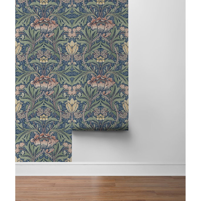 NextWall Peel &amp; Stick Morris Flower Denim Blue &amp; Salmon Wallpaper image 5 of 5
