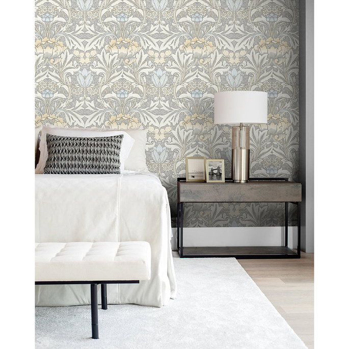 NextWall Peel &amp; Stick Morris Flower Daydream Grey &amp; Pearl Blue Wallpaper image 2 of 5