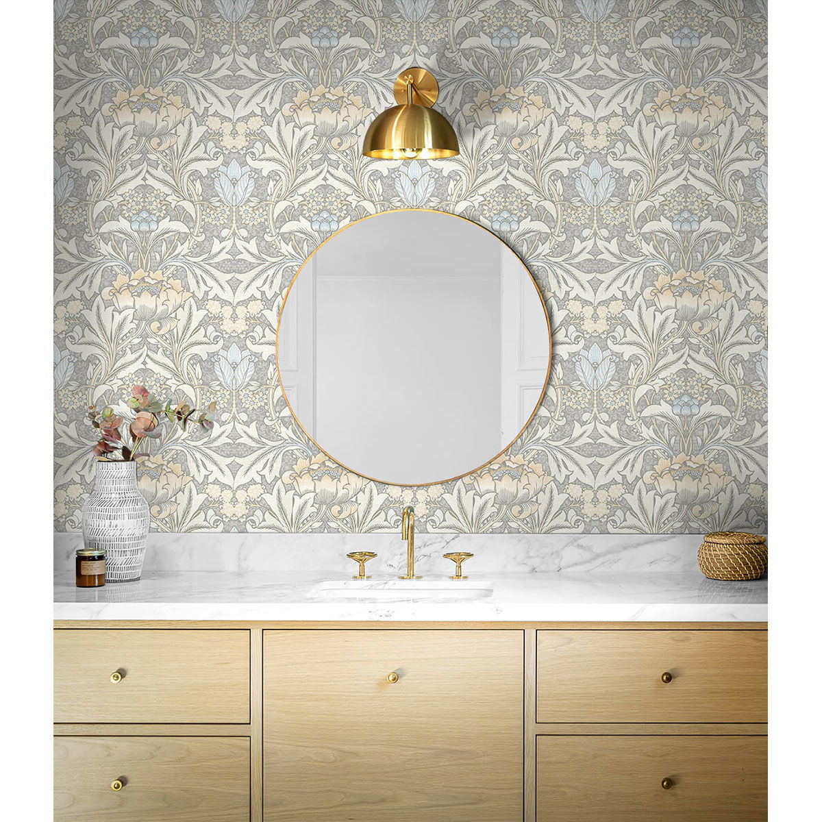 NextWall Peel & Stick Morris Flower Daydream Grey & Pearl Blue