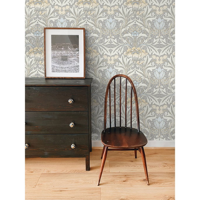 NextWall Peel &amp; Stick Morris Flower Daydream Grey &amp; Pearl Blue Wallpaper image 4 of 5