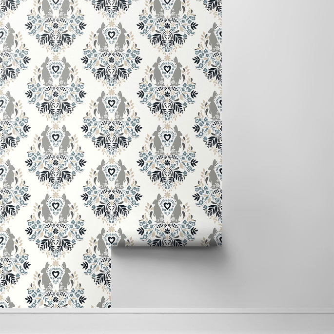 NextWall Peel &amp; Stick Spring Damask Bluestone &amp; Grey Wallpaper image 2 of 4
