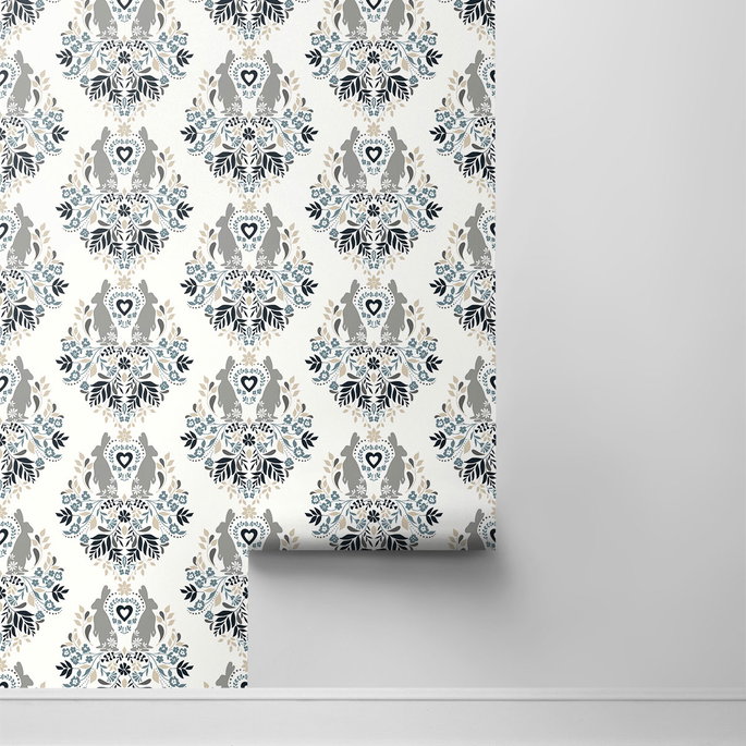 NextWall Peel &amp; Stick Spring Damask Bluestone &amp; Grey Wallpaper image 2 of 4