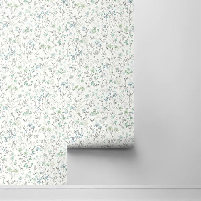 NextWall Peel &amp; Stick Wildflowers Dew Drop &amp; Spring Green Wallpaper image 2 of 3