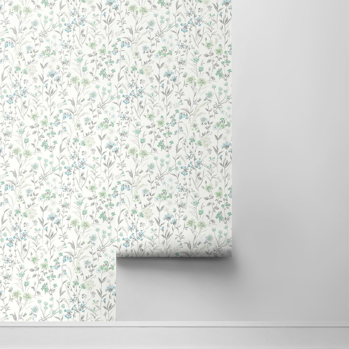 NextWall Peel &amp; Stick Wildflowers Dew Drop &amp; Spring Green Wallpaper image 2 of 3