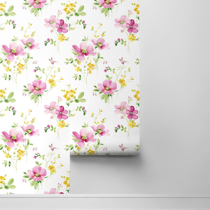 NextWall Peel &amp; Stick Watercolor Windflower Cerise Pink &amp; Marigold Wallpaper image 2 of 4