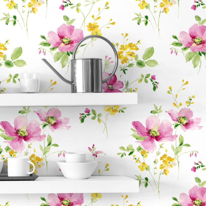 NextWall Peel &amp; Stick Watercolor Windflower Cerise Pink &amp; Marigold Wallpaper image 3 of 4