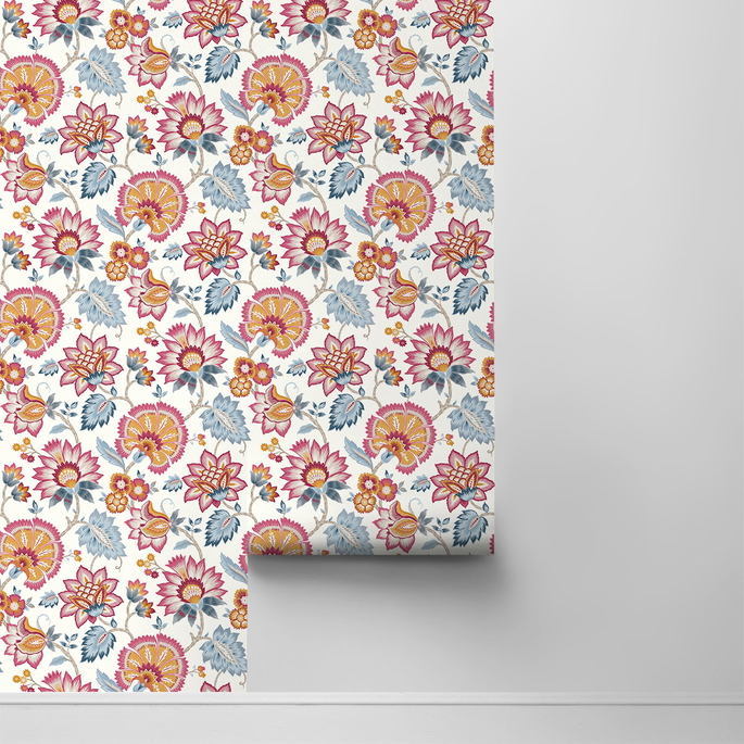 NextWall Peel &amp; Stick Jacobean Blossom Floral Fandango Pink &amp; Bluebird Wallpaper image 2 of 4