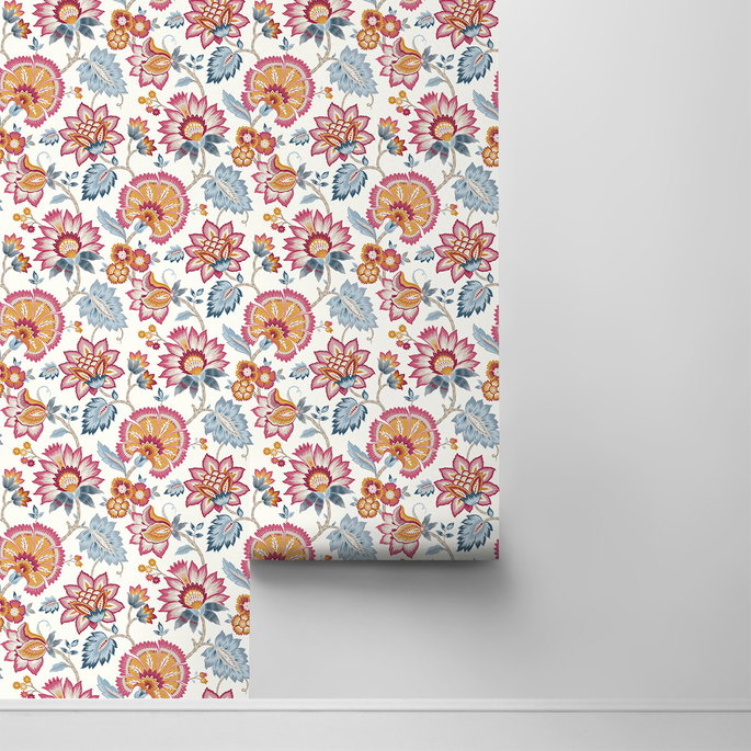 NextWall Peel &amp; Stick Jacobean Blossom Floral Fandango Pink &amp; Bluebird Wallpaper image 2 of 4