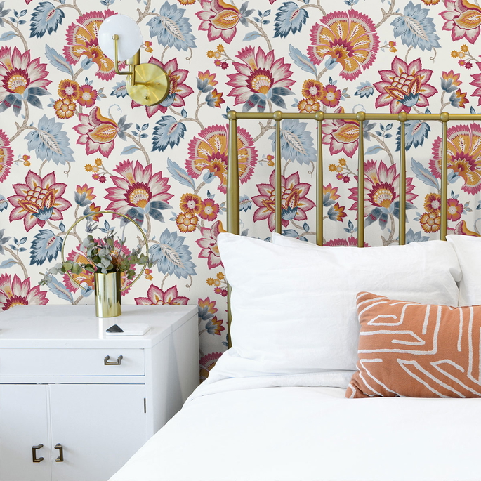 NextWall Peel &amp; Stick Jacobean Blossom Floral Fandango Pink &amp; Bluebird Wallpaper image 3 of 4