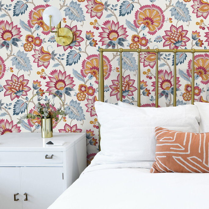 NextWall Peel &amp; Stick Jacobean Blossom Floral Fandango Pink &amp; Bluebird Wallpaper image 3 of 4