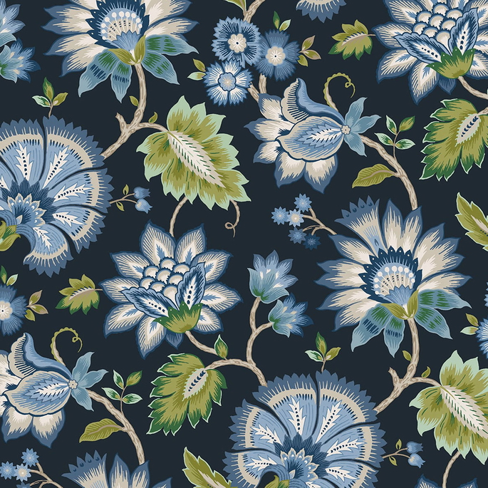 NextWall Peel &amp; Stick Jacobean Blossom Floral Midnight Blue Wallpaper image 1 of 4
