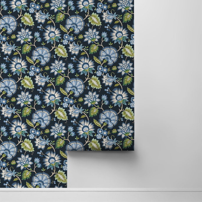 NextWall Peel &amp; Stick Jacobean Blossom Floral Midnight Blue Wallpaper image 2 of 4