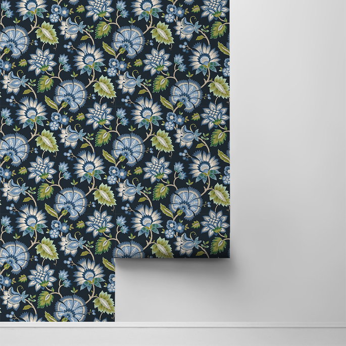 NextWall Peel &amp; Stick Jacobean Blossom Floral Midnight Blue Wallpaper image 2 of 4