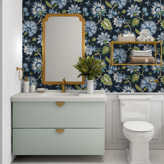 NextWall Peel &amp; Stick Jacobean Blossom Floral Midnight Blue Wallpaper image 3 of 4