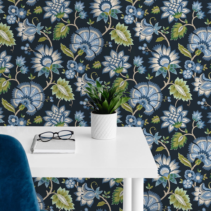NextWall Peel &amp; Stick Jacobean Blossom Floral Midnight Blue Wallpaper image 4 of 4