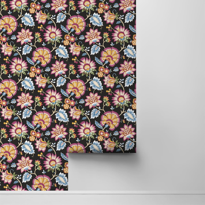 NextWall Peel &amp; Stick Jacobean Blossom Floral Cosmic Black Wallpaper image 2 of 4
