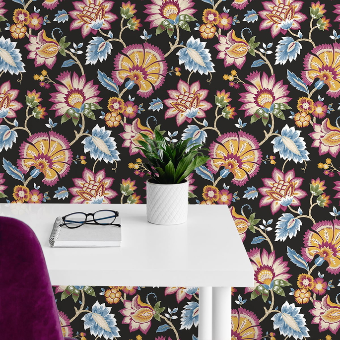 NextWall Peel &amp; Stick Jacobean Blossom Floral Cosmic Black Wallpaper image 3 of 4