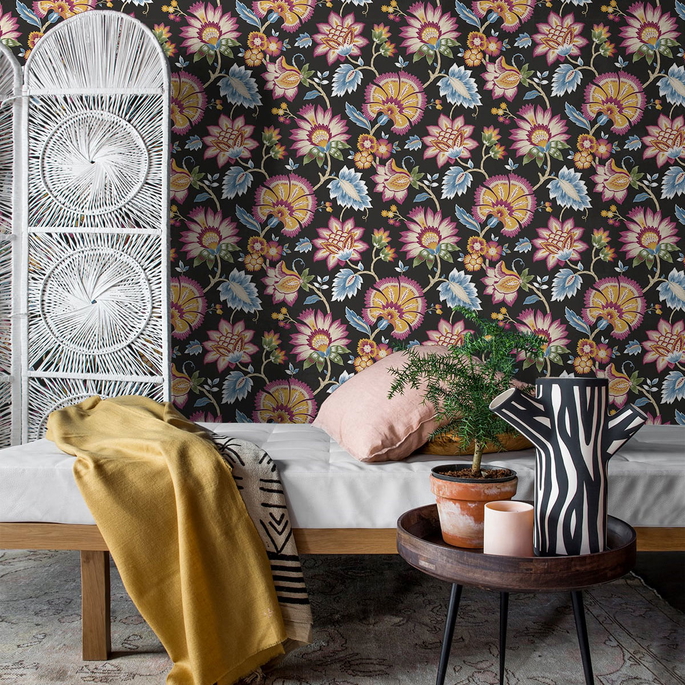 NextWall Peel &amp; Stick Jacobean Blossom Floral Cosmic Black Wallpaper image 4 of 4