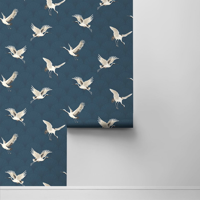 NextWall Peel &amp; Stick Cranes Denim Blue Wallpaper image 2 of 4