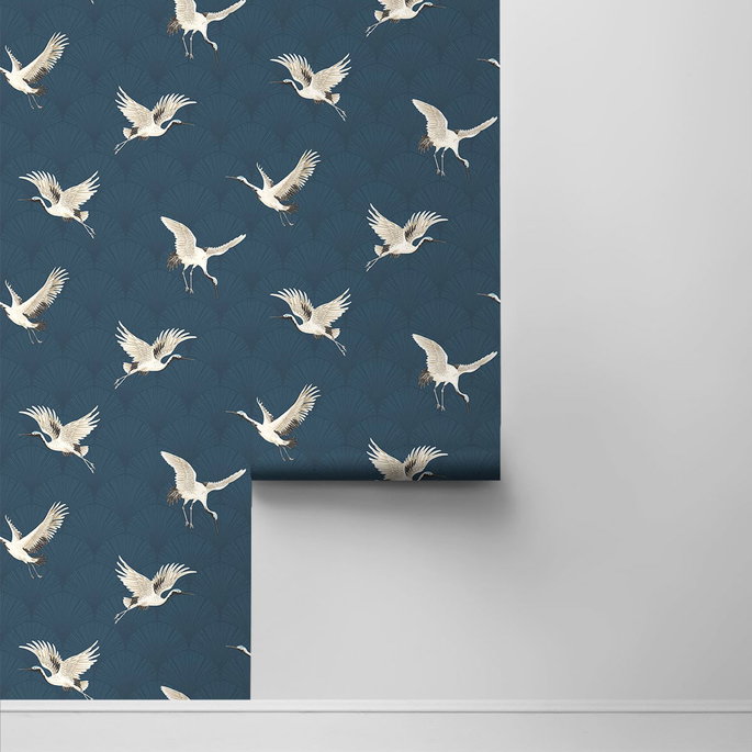 NextWall Peel &amp; Stick Cranes Denim Blue Wallpaper image 2 of 4
