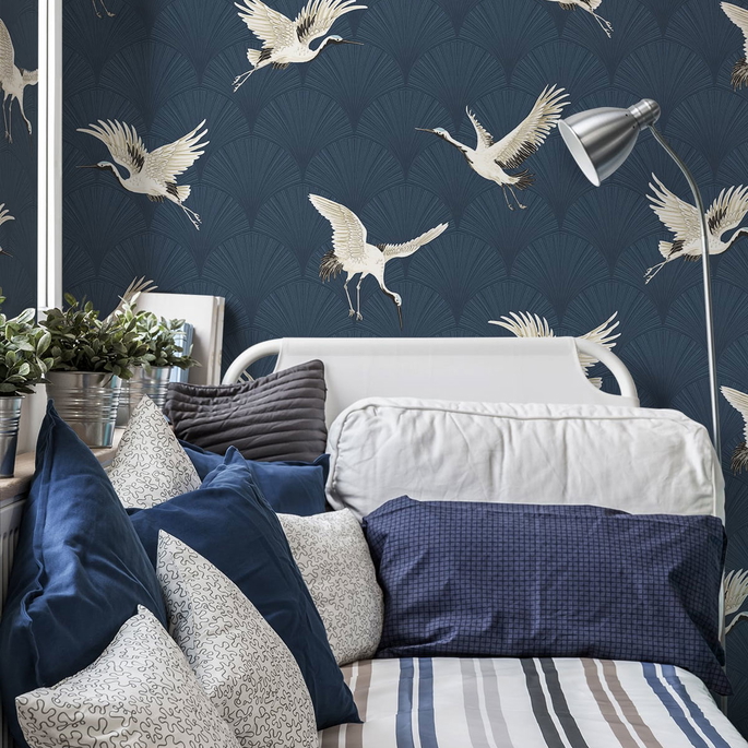 NextWall Peel &amp; Stick Cranes Denim Blue Wallpaper image 3 of 4